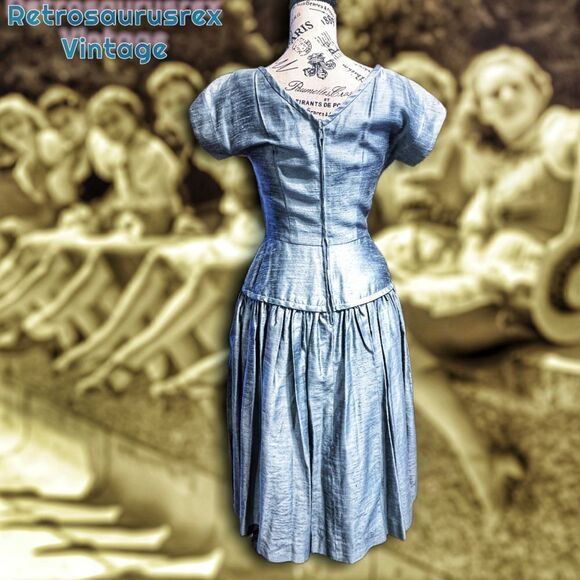 𝅺vintage 1950’s Old Hollywood Special Event Circle Skirt Blue Dress, Small - Picture 2 of 9